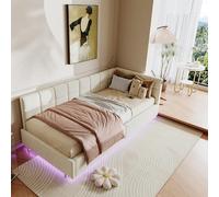 MOTUZP Lit simple rembourré 90 x 200 cm, canapé lit rembourré avec récipient hydraulique, lits fonctionnels avec LED et USB, direction de la tête de lit réglable, sommier à lattes, velours beige