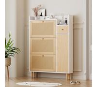 MOTUZP Meuble à chaussures Slim, porte-chaussures en bois avec 3 portes à rabat, avec 1 tiroirs, réglable meuble de rangement latéral, étagère à chaussures entrée, peu encombrante (bois+blanc, Stil F)