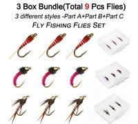 Mouches de pêche à la mouche 9 pièces - Lot de 3 boîtes, 3 styles différents, mouches humides, appâts pour attraper des poissons comme la truite/le bar etc. en eau douce Lot de 9 pièces - 3 boîtesPoly