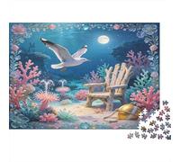 Mouette Chaise de Plage Puzzle 1000 Pièces Papier pour Adultes Nuit Tranquille Scène Côtière Décoration Maison Jeu Famille Détente Cadeau 38x26cm/1000pcs