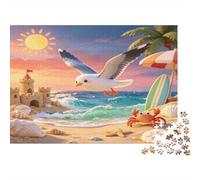Mouette Plage Soleil Puzzle 1000 Pièces pour Adultes Papier Jeu de Puzzle 1000 Pièces Château de Sable Scène d’Été Détente Décoration Maison Cadeau 38x26cm/1000pcs