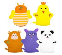Moufles de Bain Garçon Fille 5 Pièces en Coton, Motif Fruit Animal | Boucle de Séchage Suspendue, Usage Salle de Bain à Maison, Doux pour Peau de Garçon Fille, Lot Pratique Style Aléatoire