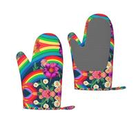 Moufles de cuisson antidérapantes imprimées de fleurs arc-en-ciel pour barbecue