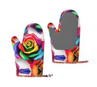 Moufles de cuisson antidérapantes imprimées de roses arc-en-ciel pour barbecue