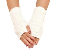 Moufles thermiques tricotées en polaire pour femme - Automne et hiver - Couleur unie simple - Motif tricoté - Demi-doigt - Mitaines chauffantes pour femme par temps froid, blanc, taille unique