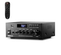 Moukey Amplificateur Audio Domestique, Récepteur Stéréo 2.0 Canaux avec Bluetooth 5.3, Télécommande Multifonction, FM, RCA, USB, 2 Entrées Micro, pour Karaoké, Garage, Home Cinéma, MAMP3