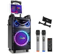 Moukey Enceinte Karaoké avec 2 UHF Microphones sans Fil, Karaoke Professionnel Complet Machine de Karaoké Portable avec Lumières de fête, Haut-Parleur Bluetooth Support TWS/REC/AUX/MP3/USB/TF/FM