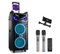 Moukey Enceinte Karaoké, Haut-Parleur Portable Bluetooth à Double woofer avec 2 Microphones sans Fil, Lumières Disco, Réglage de l'écho/Graves/aigus, Karaoké Machine Support TWS/REC/AUX/MP3/USB/TF/FM