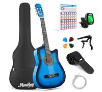 Moukey Guitare acoustique Acustica à pan coupé pour débutants, enfants, jeunes adultes avec affiche d'accord, sac de transport, accordeur, médiators, cordes en nylon, capodastre, sangle - Bleu