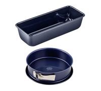 Dr. Oetker 9923150 Set de 2 moules à gâteaux, moule à manqué à charnière de 26 cm, moule à charnière, moule à cake 30 cm, moule rectangulaire pâtisserie, moule pain, Acier, Email, Bleu, 26 cm