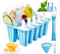 Moule à Glace, Moule Silicone Glace pour Adultes et Enfants, Réutilisables Popsicle Mold, Moule Glace à l'eau avec Pinceau de Nettoyage et Entonnoir de Pliage (Bleu, 10 Cavités)
