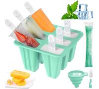 Moule à Glace, Moule Silicone Glace pour Adultes et Enfants, Réutilisables Popsicle Mold, Moule Glace à l'eau avec Pinceau de Nettoyage et Entonnoir de Pliage (Vert, 6 Cavités)