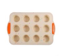 Moule à muffins en silicone à 12 trous avec poignée, plaque de cuisson antiadhésive pour muffins, cupcakes, morsures d'œufs, cookies et tartes, passe au lave-vaisselle et durable (beige)