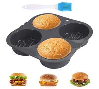 Moule à Pain Hamburger, Moule pour Burger Bun en Silicone Rond 10 cm Ø, Plaque pour Pains Burger avec Brosse à Huile en Silicone, pour Pain, Pains à Hamburgers, Cupcakes, Noir (23.5 x 23.5 x 4cm)