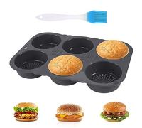 Moule à Pain Hamburger, Moule pour Burger Bun en Silicone Rond 10 cm Ø, Plaque pour Pains Burger avec Brosse à Huile en Silicone, pour Pain, Pains à Hamburgers, Cupcakes, Noir (34.5 x 23.5 x 4cm)