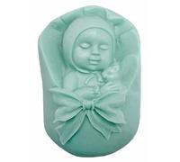 Moule à savon en silicone en forme de bébé endormi dans un couffin, idéal pour bonbonnières de baptême. Robuste, antiadhésif et facile à utiliser, 4,5 x 7 x 3 cm.