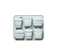 Moule en silicone avec 6 cavités dont hamburger frites pour création moule à savon fast food
