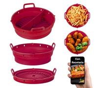 Moule en silicone pour friteuse à air 22 cm + séparateur alimentaire + livre de recettes avec QR - Plateau rond pour Airfryer sans huile - Compatible avec Cosori 5,5 L - 6,4 L et Cecotec 5,5 L et