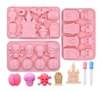 Moule En Silicone Pour Halloween 3 Pièces,8 Cavité Moule En Forme De Tête De Mort Courge Cerveau Pierre Tombale,Moule à Chocolat Avec 2 Compte-Gouttes Fondant Décoration De Gâteaux Outil De Cuisson