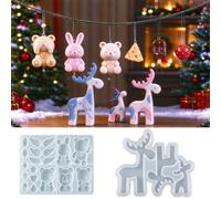 Moule Noël, Moule Bougie Noël, Moules de coulée silicone Noël Cerf Élan 3D | Ensemble Porte-clés, 22 Moules Silicone de Coulée Noël Résine Époxy DIY Ours Lapin Pendentifs, Moule à Résine Bougies Noel