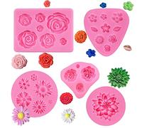 Moule Silicone Fleur en Forme de Rose et de Feuille Mini Fleur Roses Fleur de Marguerite pour Jelly Sucre Candy Chocolat Fondant Décoration de Gâteaux (Lot de 5, Rose)