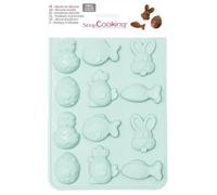 ScrapCooking - Moule Silicone Chocolats de Pâques - 12 Formes Animaux de Pâques : Lapin, Poule, Poisson pour Chocolats & Gâteaux - Ustensile Pâtisserie - Fritures - Vert d’Eau - 6726