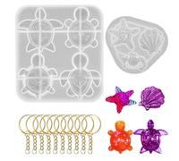 Moule tortue mignonne en quatre pièces, moule coquillage étoile de mer avec 10 porte-clés, rangement réutilisable sur le thème de l'océan pour projets de bricolage en argile