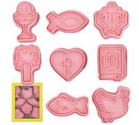 Moules à biscuits de baptême - Forme de cadeaux de célébration de la Sainte Communion, motifs de colombes de calice complexes blancs, ensemble de 8 pièces + presse réutilisable, plastique à fo