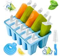 Moules à Glace en Silicone Sans BPA - 10 Pièces, Avec 10 Moule Glace Réutilisables + Brosses et Entonnoirs - Pour Crème Glacée Maison, Yaourt et Glaçons - Facile à Démouler (Bleu)