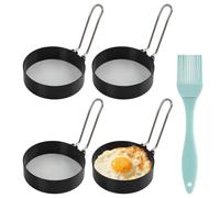 Moules à Œufs 4 Pièces y Brosse à Huile, Anneaux de Cuisson en Inox Antiadhésif 7,5 cm avec Poignée Pliable, Emporte-Pièce Rond pour Œufs au Plat, Omelettes, Crêpes, Burgers, Poêle et Barbecue