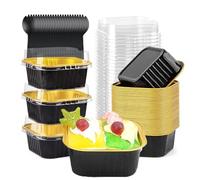 Moules Soufflé Pâtisserie Papier D'Aluminium, 50 Pièces 150 ml Plats de Cuisson Carrés en Papier D'aluminium, Mini Moules à Gâteaux avec Couvercles et Cuillères, pour la Maison(Noir)