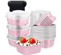 Moules Soufflé Pâtisserie Papier D'Aluminium, 50 Pièces 150ml Plats de Cuisson Carrés en Papier D'aluminium, Mini Moules à Pain avec Couvercles et Cuillères, Pour Cuisson du Pain, Cheesecakes(Rose)