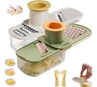 Moulin à ail multifonction - Râpe à gingembre et ail 3 en 1, outil de coupe et de hachage avec récipient, gadget de cuisine facile à nettoyer pour une préparation rapide des ail (blanc + vert)