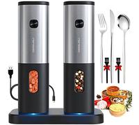 Moulin à poivre et sel électrique rechargeable avec base de charge, moulin à poivre DERGUAM en acier inoxydable avec grosseur réglable et lumière LED