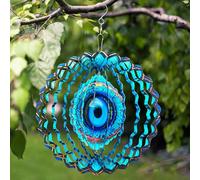 Moulin à vent 3D Mandala de 25,4 cm en acier inoxydable - Sculpture de vent bleue à suspendre - Décoration en métal découpé au laser pour intérieur ou extérieur - Amulette de protection pour la maison