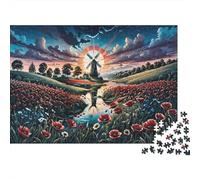 Moulin à Vent Coucher de Soleil Paysage Puzzles 1000 Pièces, Moulin à Vent au Coucher du Soleil, Art Moderne, Jeu Cadeau Unique, activité familiale, Cadeau de Voyage
