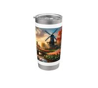 Moulin à vent dans la campagne hollandaise par rivière avec tulipes Gobelet isotherme en acier inoxydable double paroi