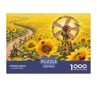 Moulin à Vent dans Un Champ de Tournesols Puzzle en Bois Imperméable Puzzles De 1000 Pièces pour Adultes Impossible De Décoration pour La Maison