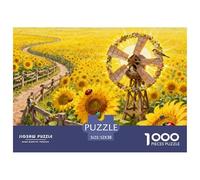 Moulin à Vent dans Un Champ de Tournesols Puzzle en Bois Imperméable Puzzles De 1000 Pièces pour Adultes Cadeaux Défi Et Casse-tête Jeux Éducatifs