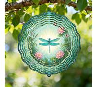 Moulin à vent en forme de libellule - Feuilles de nénuphar - Sculptures à suspendre en métal - Décoration d'extérieur pour jardin, porche, balcon, couloir - 30,5 cm