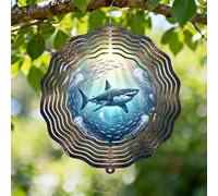 Moulin à vent en forme de requin - Méduse marine - Poisson d'été en métal bleu - Sculptures à vent à suspendre - Décoration d'extérieur pour jardin, porche, pelouse, terrasse, fête - 30,5 cm