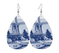 Moulin À Vent Hollandais Vintage Mignon Bleu De Delft Boucles D’Oreilles En Cuir Légères Boucles D'Oreilles Pendantes De Goutte Élégant Boucle D'Oreille Pour Femme Décorations Quotidien