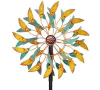 Moulin à Vent Solaire, Sculptures cinétiques à Vent à Lame Double Direction pour l'extérieur, Moulin à Vent Cinétique Éoliennes décoratives pour terrasse pelouse et Jardin (Jaune + Cyan)