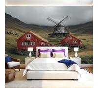 Moulin à Vent Traditionnel Papier Peint Panoramique Maison rurale rouge Papier Peint Intissé Tapisserie Poster Mural Salon Chambre Adulte Chambre d'enfants Restaurant Décor 250x175 cm