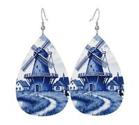 Moulin À Vent Vintage Bleu Néerlandais De Delft Boucles D'Oreilles En Cuir Double Face Boucle D'Oreille Légères Pendantes D'Oreille Pour Quotidien Femme