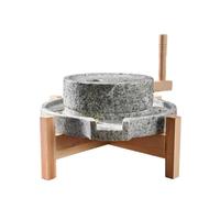 Moulin manuel à grains de pierre avec support en bois, broyeur manuel en pierre bleue naturelle pour orge humide et sèche, épices et céréales, moulin à manivelle domestique, 20 x 30 cm