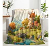 Moulin Vent Pont Pierre Ruisseau Couverture Douce Flanelle Polaire | Campagne Dessin Animé Couverture Lit Chaud en Hiver Couvertures Convient 180 x 220 cm Adultes et Enfants Toutes Les Saisons