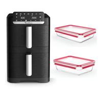 Moulinex Air Fryer Crispy Stack, 10 L, 2 tiroirs verticaux 6L et 4L, 7 programmes intuitifs, synchronisation des cuissons, Noir EZ7528F0 + Emsa Clip&Close lot de 2 Boîtes en verre, 2 L et 3L