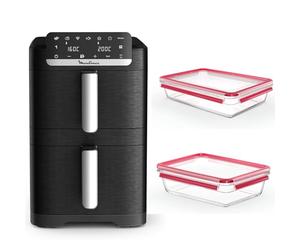 Moulinex Air Fryer Crispy Stack, 10 L, 2 tiroirs verticaux 6L et 4L, 7 programmes intuitifs, synchronisation des cuissons, Noir EZ7528F0 + Emsa Clip&Close lot de 2 Boîtes en verre, 2 L et 3L