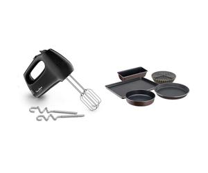 Moulinex Batteur à mainQuick Mix, 300 W, Fouets et crochets pétrisseurs en acier inoxydable, 5 vitesses + pulse HM3108B1, Noir et lot de 5 moules à pâtisserie Tefal Perfectbake YY4220FA, Marron